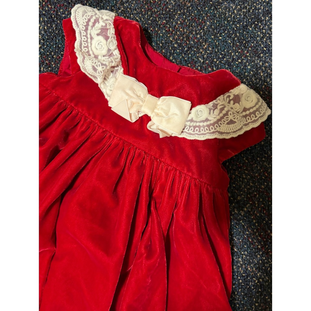 Janie and Jack Baby Red Velvet Lace Collar Bow Dress with Diaper Cover 6-12M